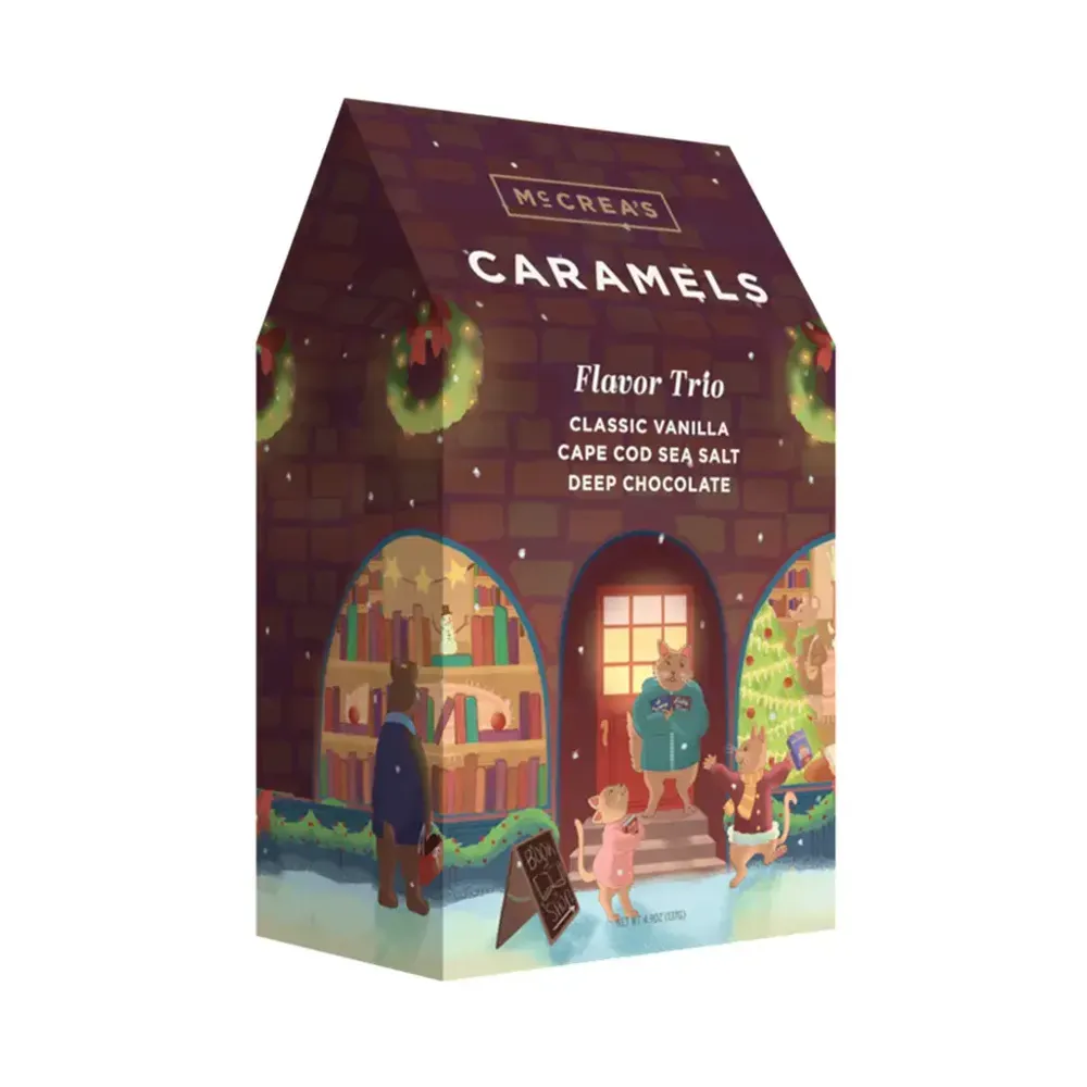 McCreas Caramels Bookshop Holiday Gift Box including 3 flavors: Deep Chocolate, Cape Cod Sea Salt and Vanilla