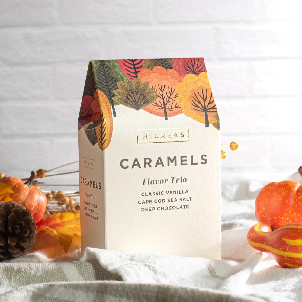 McCrea's Carmels Flavor Trio Fall Autumnal Gift Box filled with 3 flavors of caramels