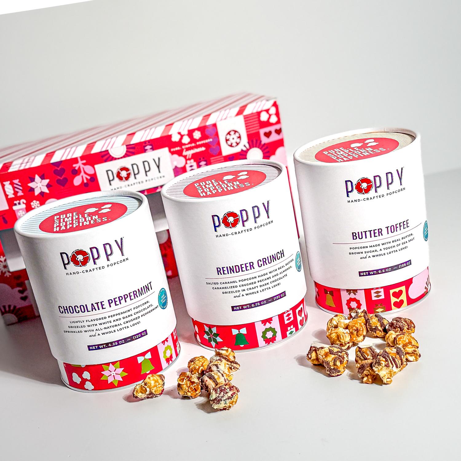 Poppy Popcorn Cylinder Trio reindeer Crunch, Peppermint and Butter toffee