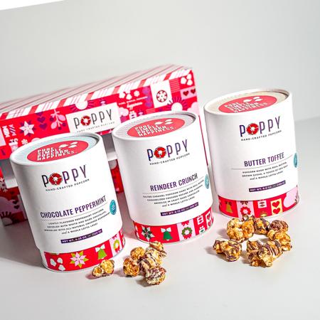 Poppy Popcorn Cylinder Trio reindeer Crunch, Peppermint and Butter toffee