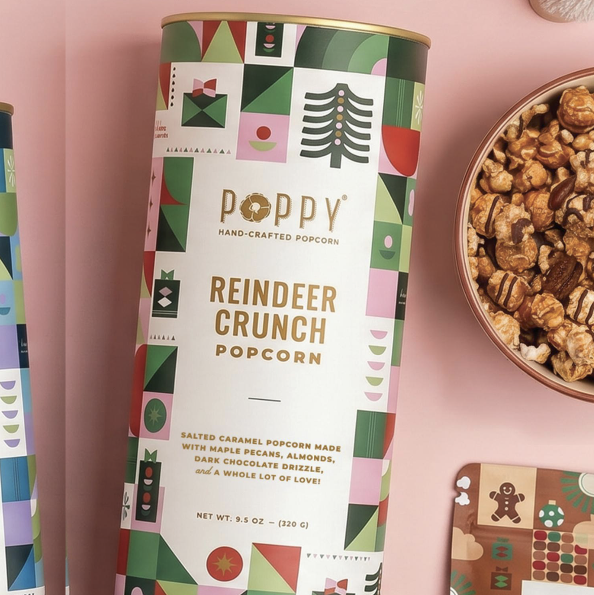 Poppy Reindeer Crunch Popcorn Cylinder salted caramel popcorn with almonds and chocolate drizzle