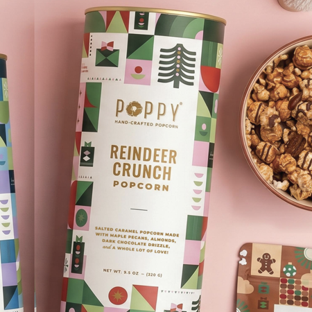 Poppy Reindeer Crunch Popcorn Cylinder salted caramel popcorn with almonds and chocolate drizzle