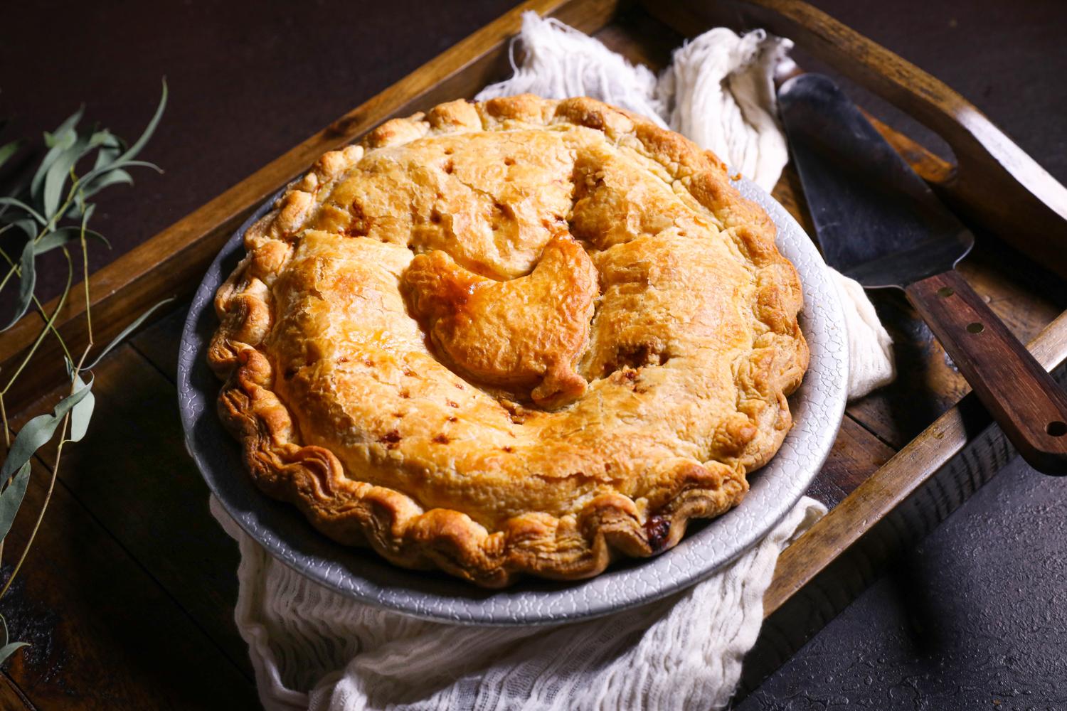 DLM Chicken Whole Baked Pot Pie, Golden crust with signature pastry cutout.