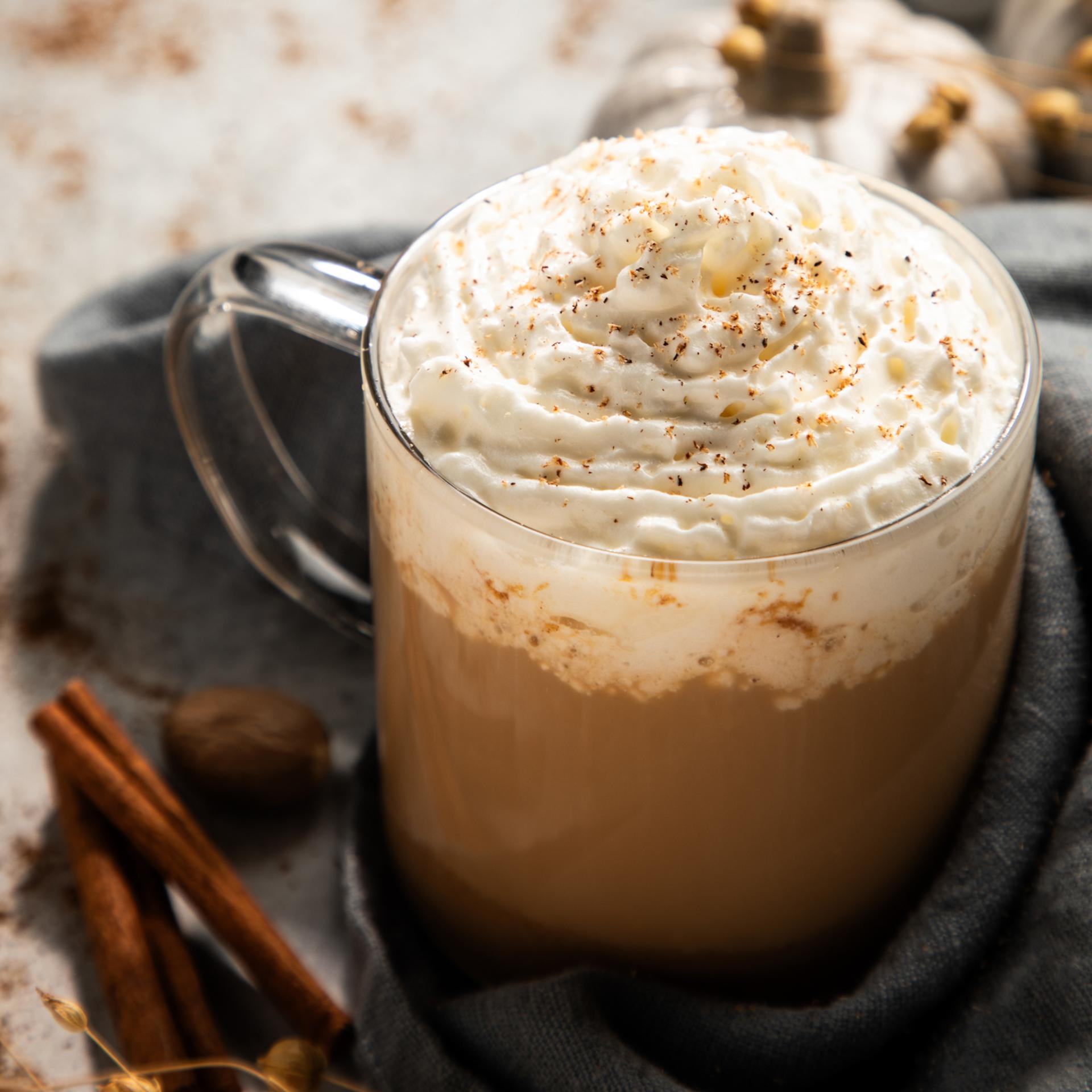 DLM Pumpkin Spiced Latte with 1883 pumpkin spice syrup and an aero latte for frothing milk and DLM 1948 Dark Roast Coffee whole bean
