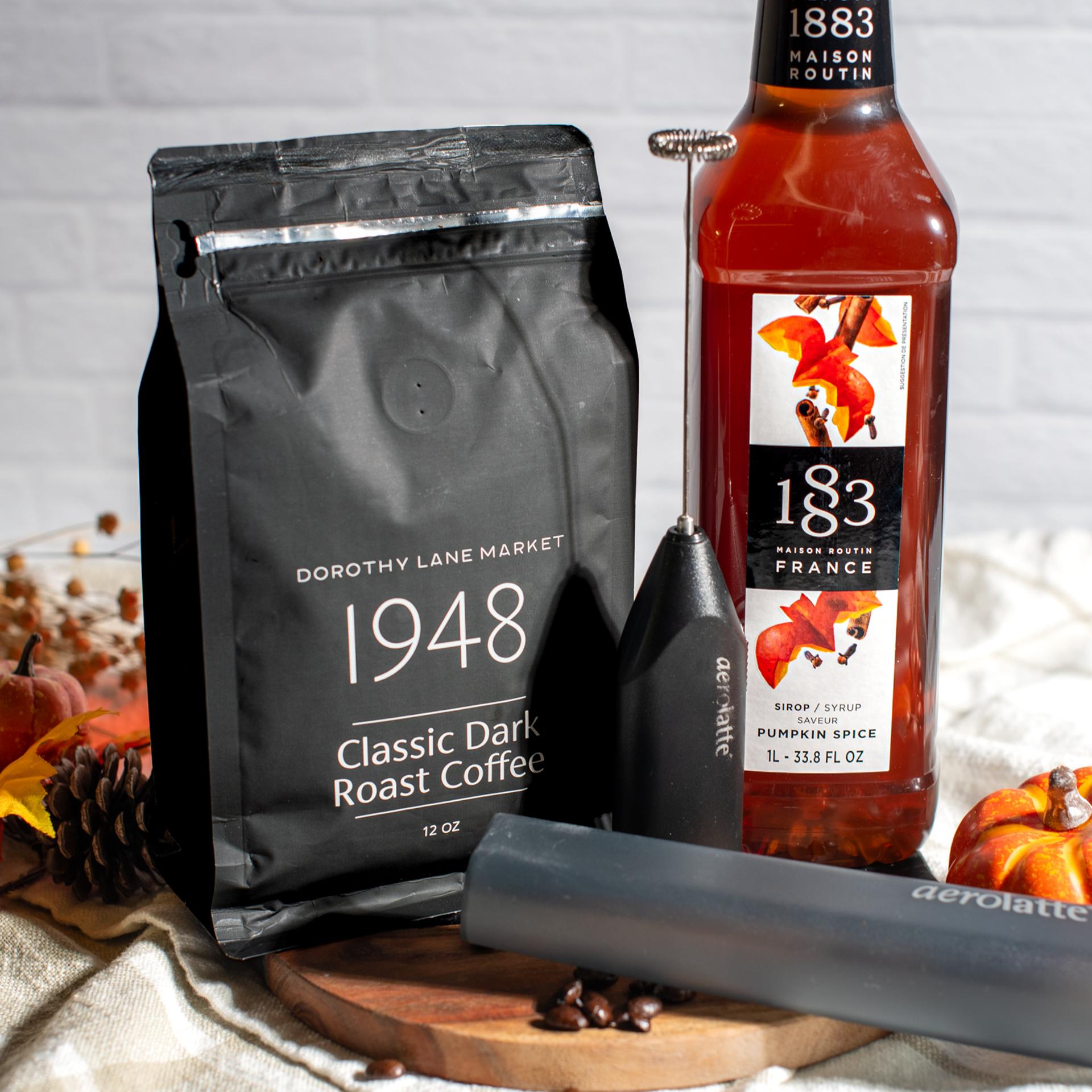Pumpkin Spice Latte Kit with 1883 pumpkin spice syrup aerolatte and dlm 1948 coffee beans