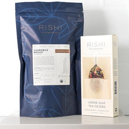 Rishi Chamomile Tea medley and loose leaf tea filters