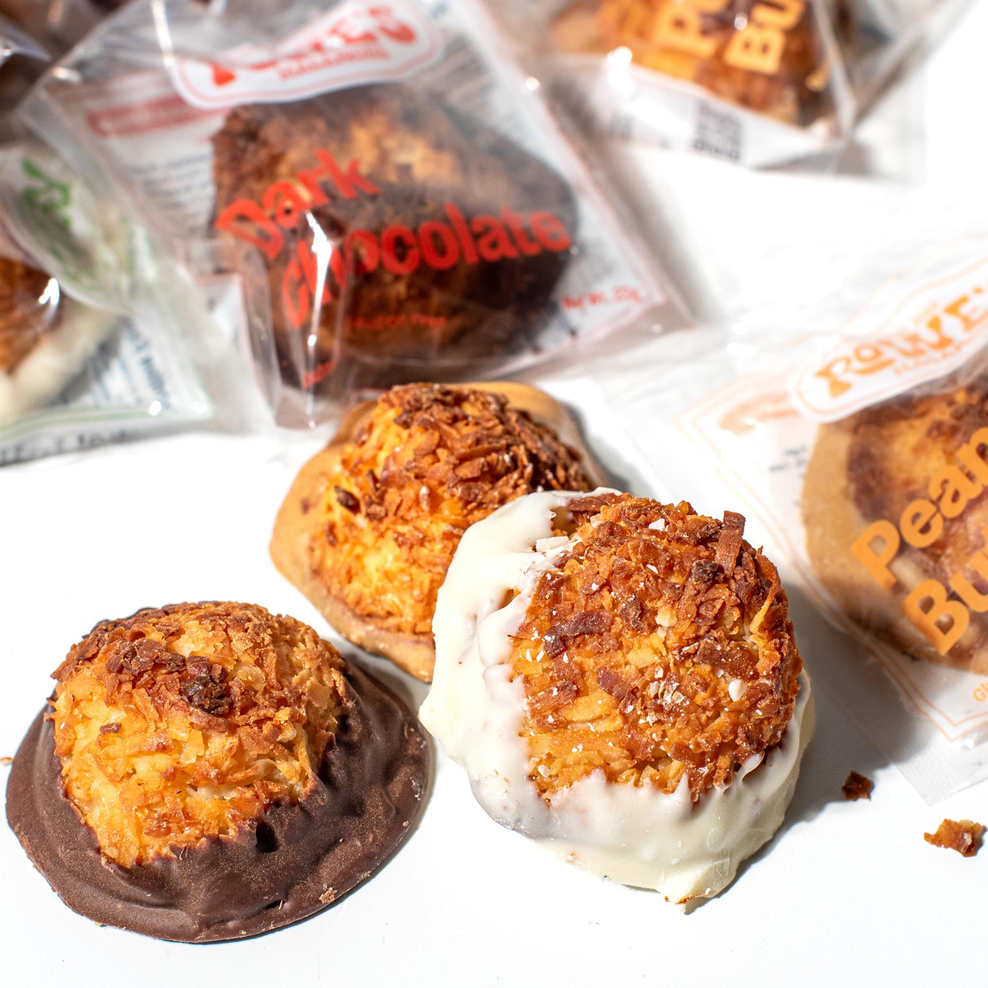 Rowe's Macaroons gluten free in four flavors of peanut butter, milk chocolate, dark chocolate and white chocolate gift box