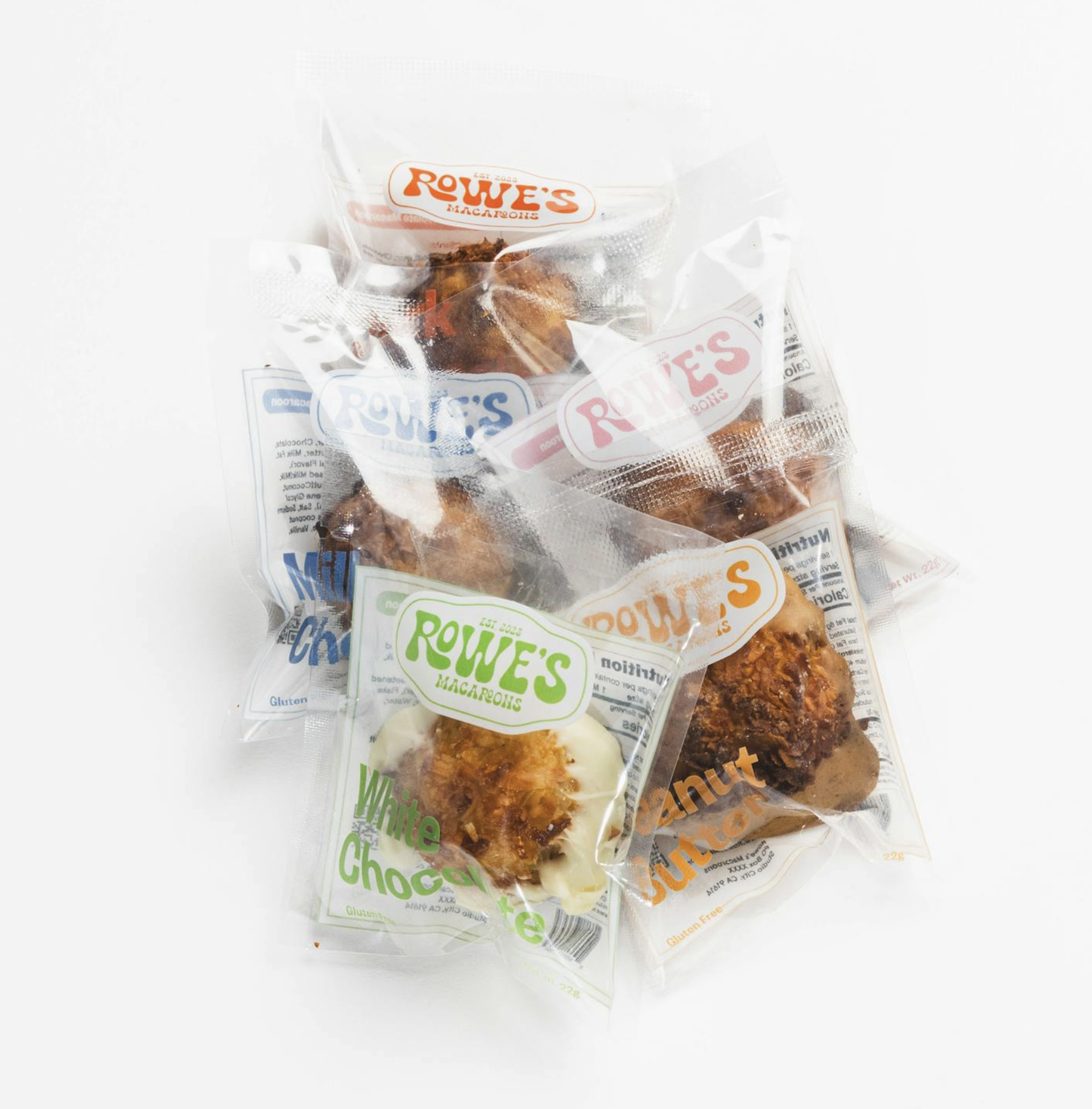 Rowes mixed macaroons coconut blue and white gift box with 4 flavors of coconut macaroons