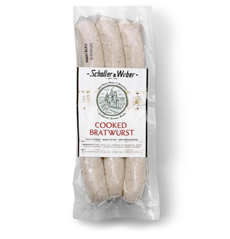 Schaller and Weber Cooked German Bratwurst 2.5 lb bulk pack sold on Dorothy Lane Market online gourmet store.