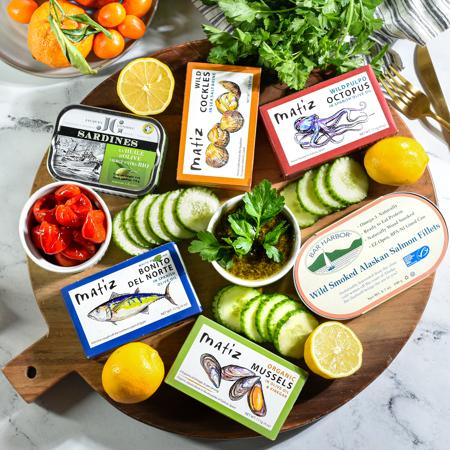 Seacuterie Board with tinned seafood