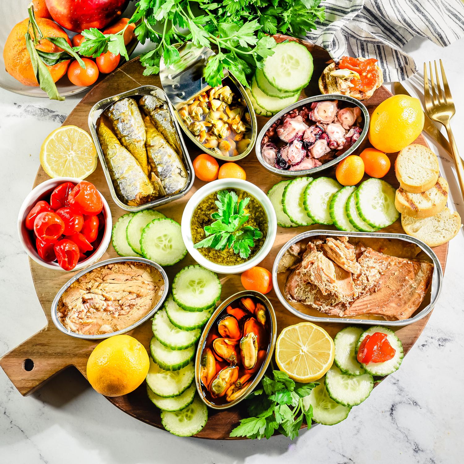 Seacuterie Board with tinned fish