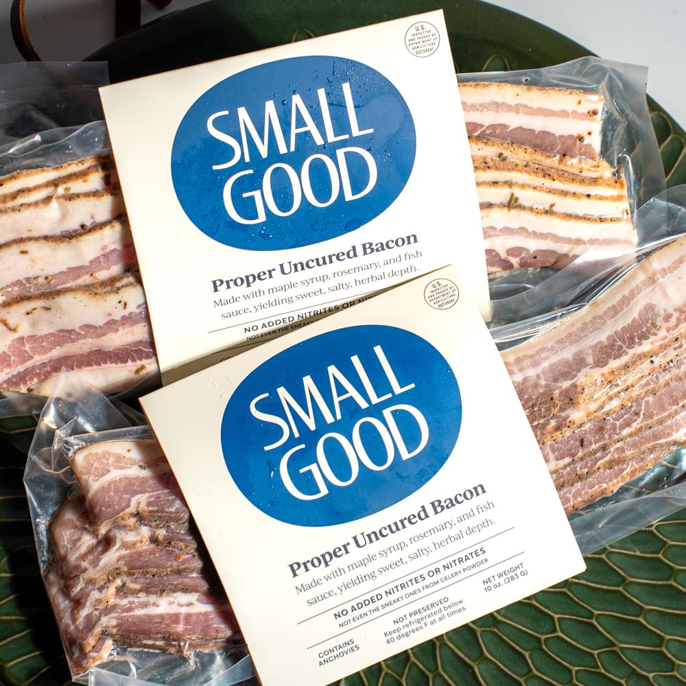 Small Good Proper Uncured Bacon two packs made without antibiotics or nitrates or nitrites