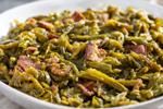 Southern Style Green Beans with ham, bacon and slowed cooked for creamy texture and smoky flavor