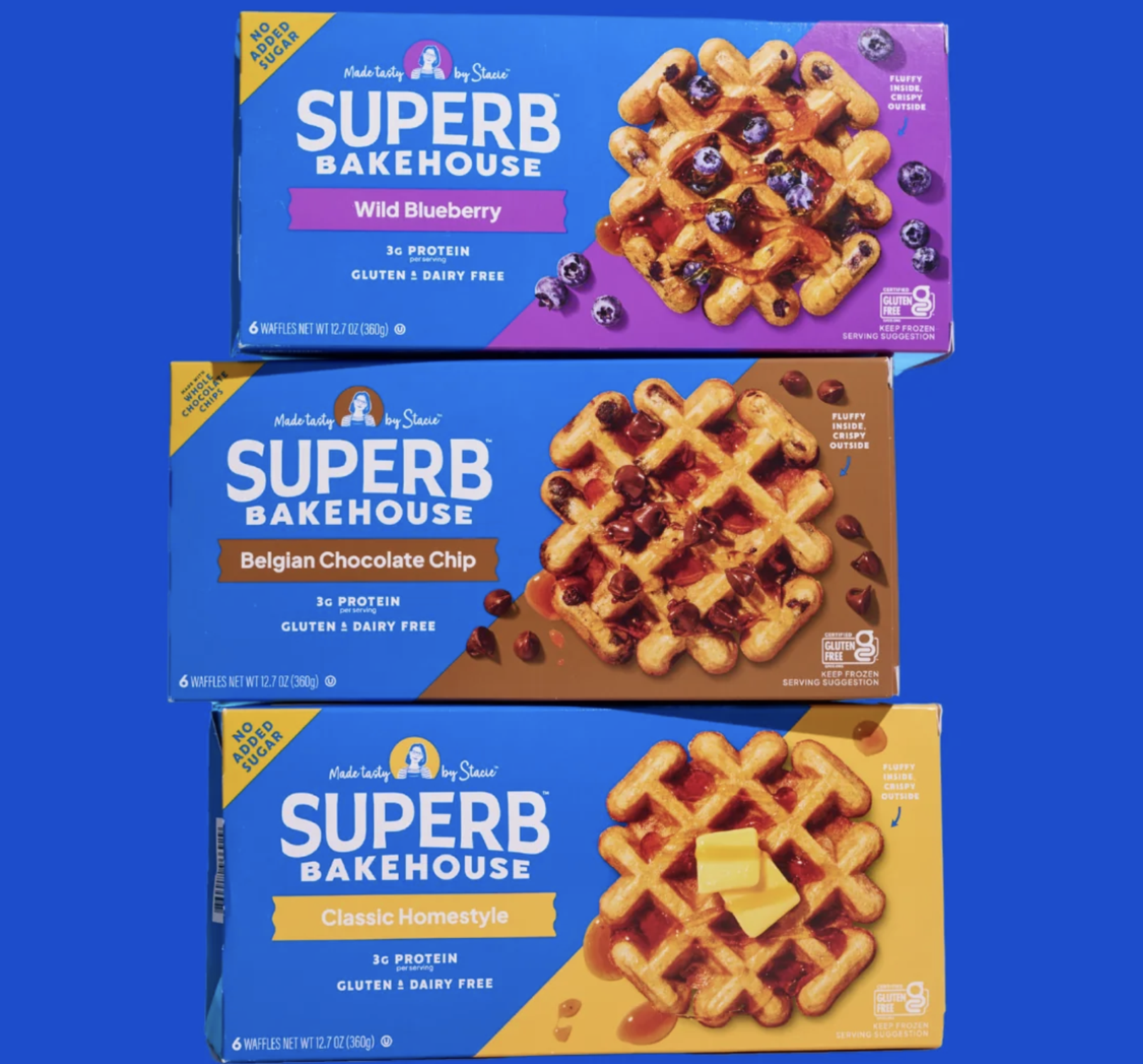 Superb Bakehouse Gluten Free Waffle Sampler including original, blueberry and chocolate chip gluten free waffles