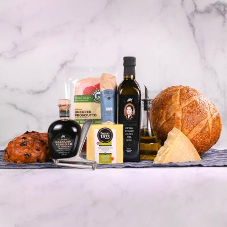 DLM Artisan Collection with Italian Olive Oil, Balsamic Vinegar, Sourdough Bread, Parmesan Cheese, Cheddar Cheese, Salami, Proscuitto, Raisin Walnut Bread