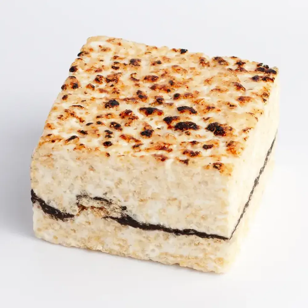 The Criserpy S'mores crispy cake enlarged top and side view