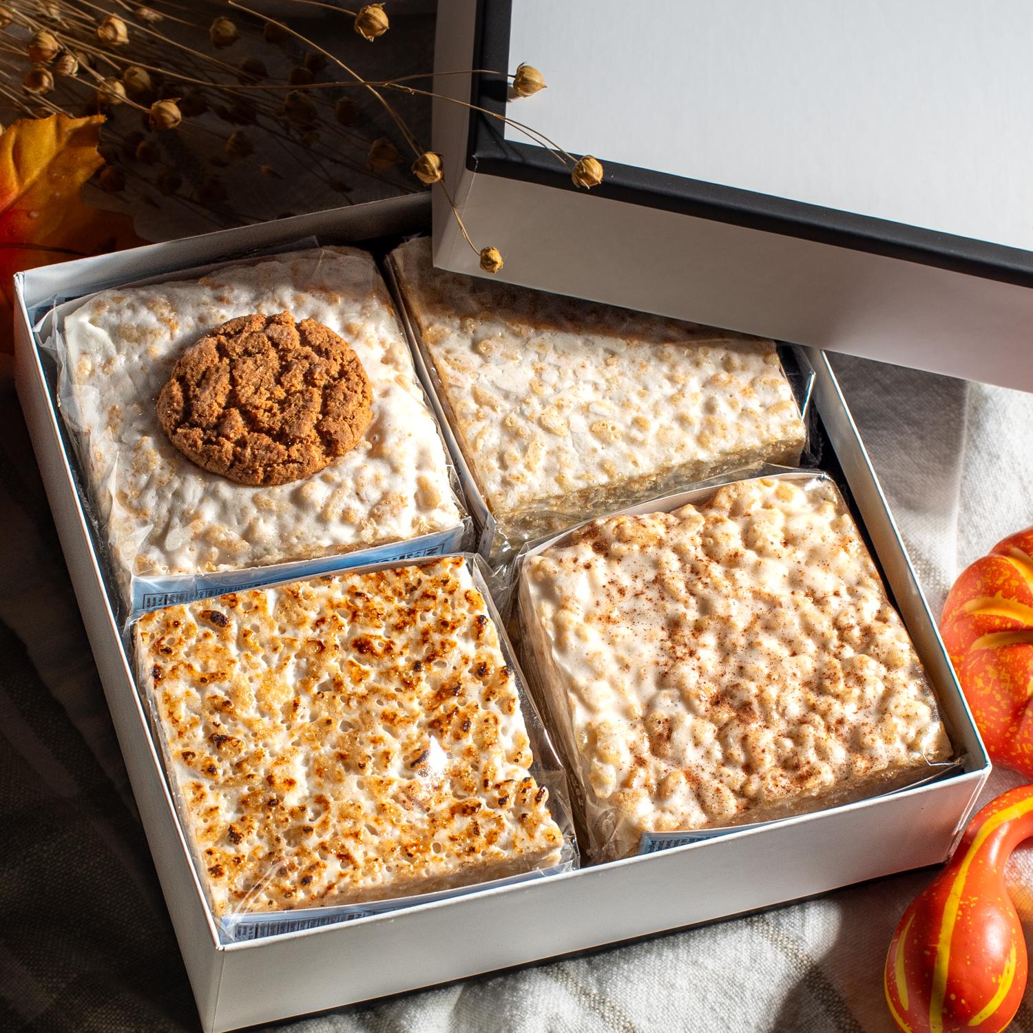 The Crispery Fall Variety Gift Box with for crispy cakes: Gingersnap, S'mores, plain and pumpkin spice