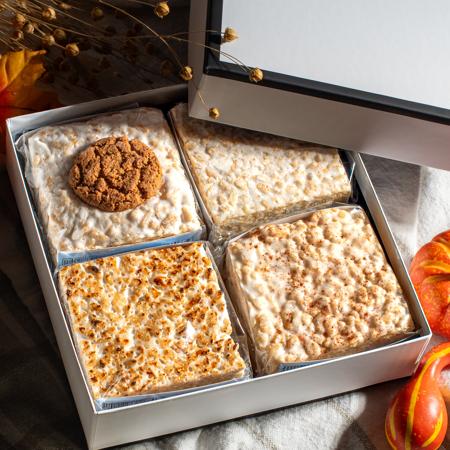 The Crispery Fall Variety Gift Box with for crispy cakes: Gingersnap, S'mores, plain and pumpkin spice
