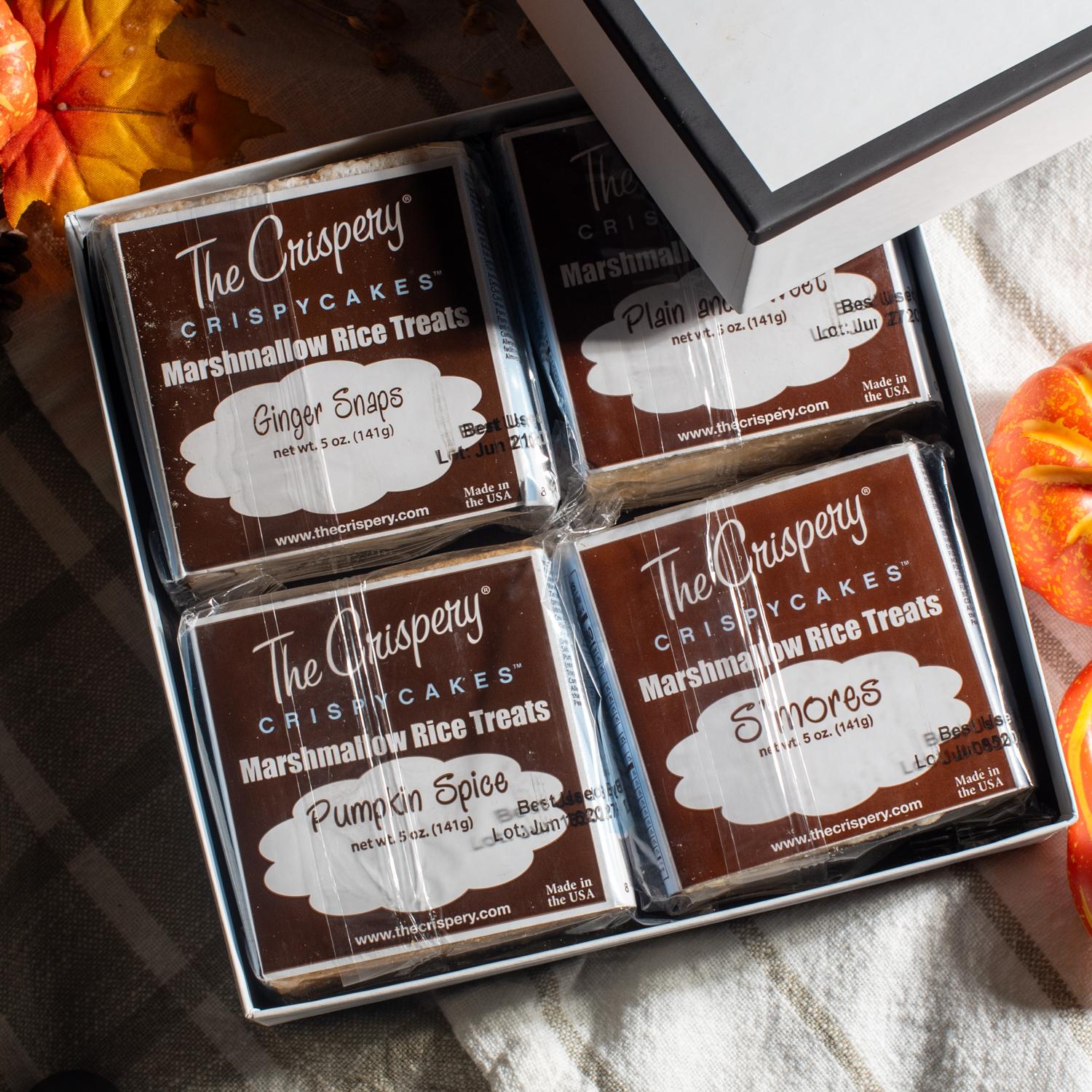 The Crispery Fall Variety Box with pumpkin spice, s'mores, plain and ginger showing labels