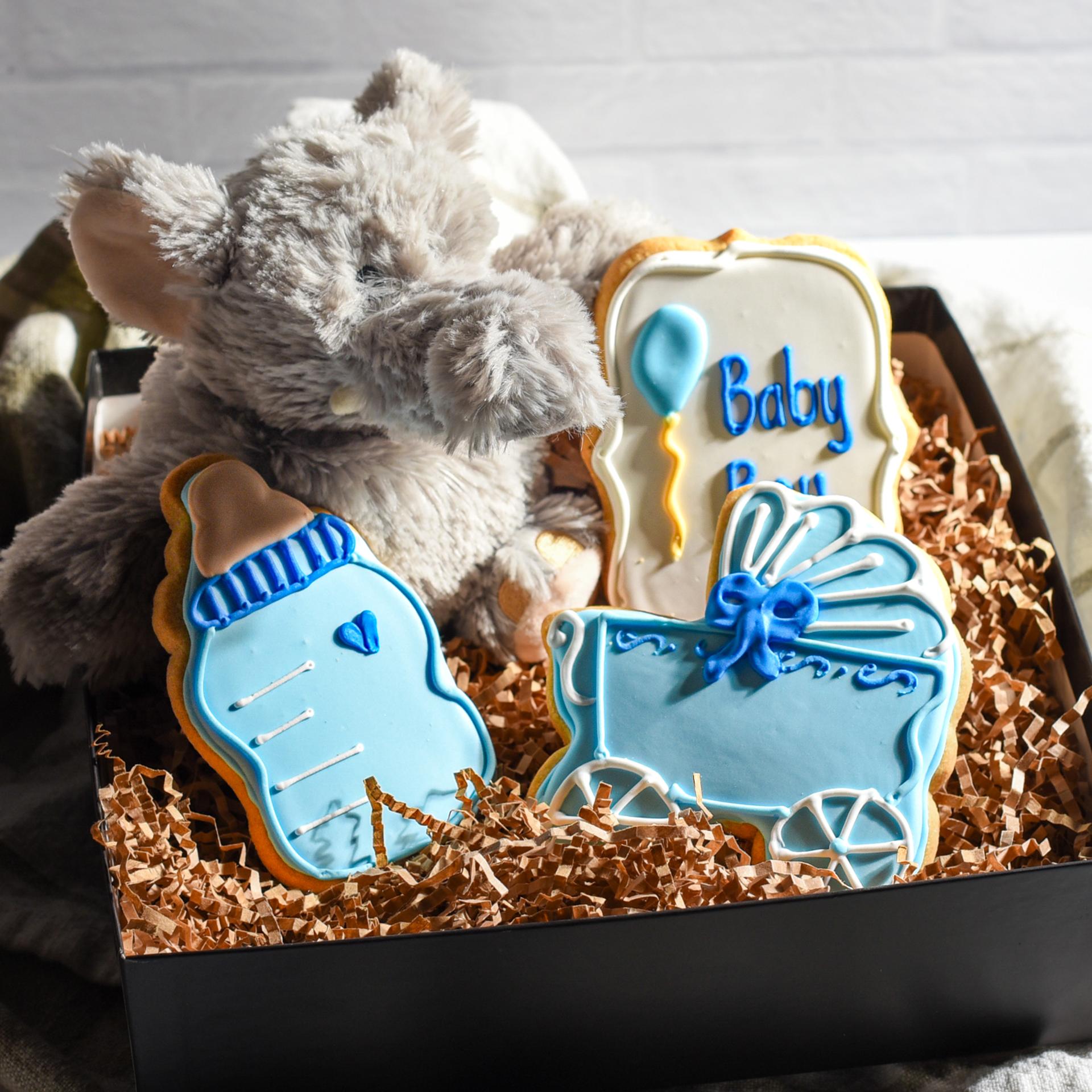 Welcome Baby Boy with cookies and warmies elephant