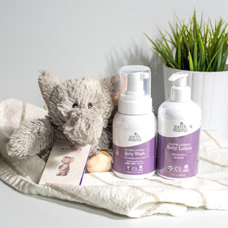 Welcome new baby gift with Earth Mama baby lotion and soap along with warmies baby elephant
