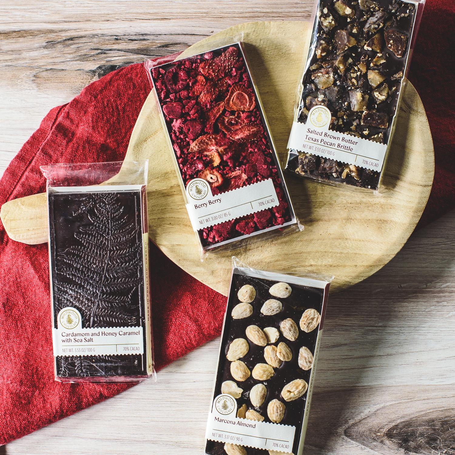 Wildwood Chocolates Best Sellers 4 Pack berry berry, brown butter brittle, cardamon caramel, macona almonds
